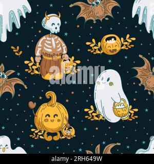 Nahtloses Muster, bezaubernde Halloween-Figuren. Süße Geister, ein Skelett, ein Kürbis und eine Fledermaus singen. Süßes oder Saures. jack o Laterne. Vintage le Stock Vektor