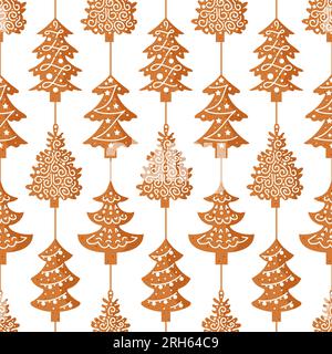 Lebkuchen. Weihnachtsbaum mit Kugeln, verziert mit Glasur. Nahtloses Muster in Form einer Girlande traditioneller Weihnachtskekse. Für Tapeten, Stock Vektor