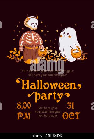 Frohes Halloween. Partyeinladung, niedliches Skelett und Babygeist im Cartoon-Stil. Herbstblätter, Sterne. Vintage-Schriftart. Für Vorlage, Poster, Karten, Ban Stock Vektor