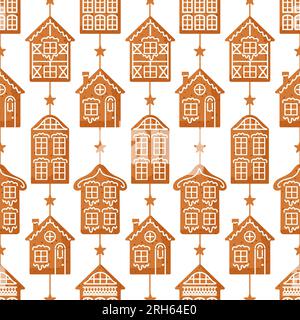Lebkuchen. Häuser im europäischen Stil, mit Glasur dekoriert. Nahtloses Muster in Form einer Girlande traditioneller Weihnachtskekse. Für Tapeten, pri Stock Vektor