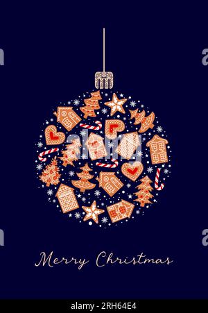 Weihnachtsball mit Lebkuchen, verziert mit Glasur. Traditionelle Kekse. Häuser, Schneeflocken und Herzen. Vintage-Schriftart. Für Poster, Karten, Banner, de Stock Vektor
