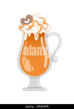 Hot Spiked Apfelwein mit Brandy und Karamell. Weihnachtsgetränke im Winter. Schlagsahne, Karamell und Lebkekse. Essensdarstellung für Menü, c Stock Vektor
