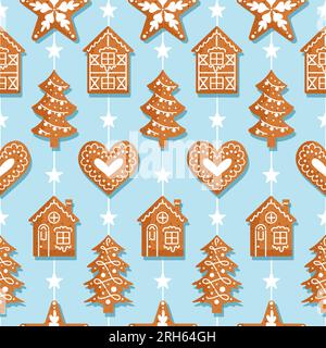 Lebkuchen-Girlande mit Glasur. Nahtloses Weihnachtsmuster. Traditionelle Kekse. Häuser, Schneeflocken, Sterne und Herzen. Für Tapeten, PR Stock Vektor