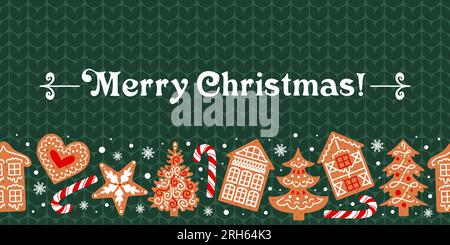 Lebkuchen, verziert mit Glasur, liegt auf einem grünen Strickpullover. Nahtloser Weihnachtsrand. Traditionelle Kekse. Häuser, Zuckerstangen, Schneeflocken und Stock Vektor