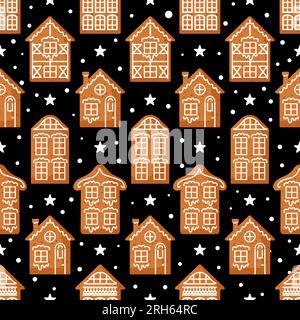 Lebkuchen. Häuser im europäischen Stil, mit Glasur dekoriert. Nachthimmel, Sterne, Schnee. Nahtloses Muster mit traditionellen Weihnachtskeksen. Für Tapeten, PR Stock Vektor