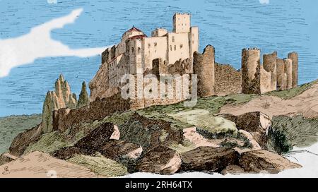 Spanien, Aragon, Provinz Huesca. Schloss von Loarre. Es wurde während der 11. und 12. Jahrhundert gebaut. Gravur. Museo Militar, 1883. Später Färbung. Stockfoto