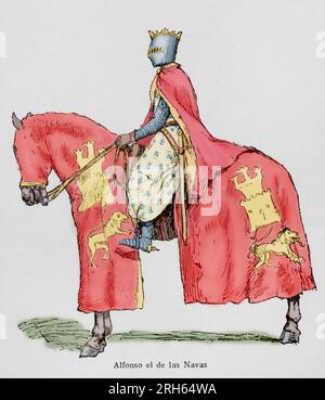Alfonso VIII. von Kastilien (1155-1214), genannt "der edle oder eine der Navas. König von Kastilien von 1158 und König von Toledo. Gravur. Museo Militar, 1883. Später Färbung. Stockfoto