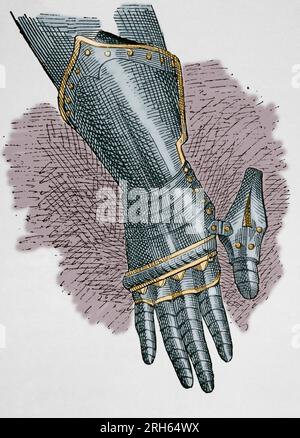 Rüstung. Spießrutenlauf. Handschuhe von Metallplatten, die die Hand geschützt. Gravur. Museo Militar, 1883. Später Färbung. Stockfoto