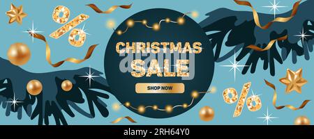 Horizontales Banner für weihnachtsangebote. Fichtenzweige, goldene Kugeln, Schlangenlinien, Prozentsätze. Glänzende Paillettenschrift. Sterne auf türkisfarbenem Hintergrund. Stock Vektor