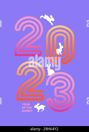 Kaninchen, Symbol des chinesischen Neujahrs 2023, springen auf die Zahlen. Leuchtendes Vektorbanner in Neonfarben von 90s im asiatischen Stil. Ostern, Frühling. Für Po Stock Vektor