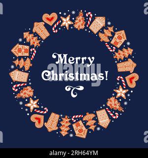 Runder Rahmen aus Lebkuchen, verziert mit Glasur. Weihnachtsmuster. Traditionelle Kekse. Häuser, Schneeflocken und Herzen. Vintage-Schriftart. Für Plakate, Auto Stock Vektor