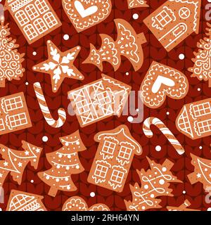 Lebkuchen, verziert mit Glasur, liegt auf einem roten Strickpullover. Nahtloses Weihnachtsmuster. Traditionelle Kekse. Häuser, Zuckerstangen, Schneeflocken und Stock Vektor