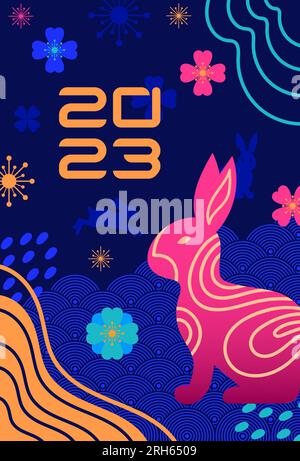 Rabbit, Symbol des chinesischen Neujahrs 2023. Leuchtendes Vektorbanner in Neonfarben von 90s im asiatischen Stil. Blumen, abstrakt, Fische, Drachenschuppen. Nach Osten Stock Vektor