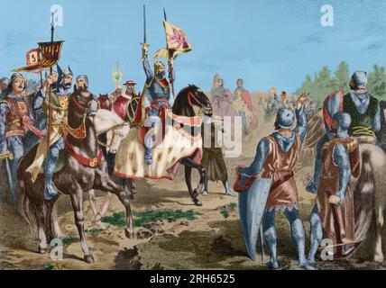 Alfonso VIII., König von Kastile (1155-1214), feierte den Sieg an der Batte von Las Navas de Tolosa, 1212, gegen die Muslim von Almohad. Spanien. Die Lithographie. Museo Militar, 1883. Später verfärben. Stockfoto