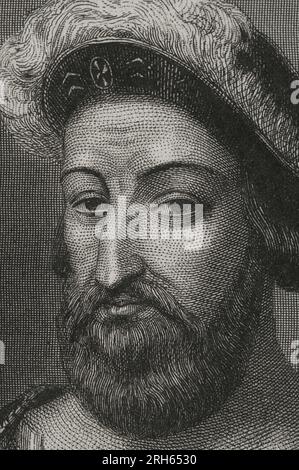 Franz I. (1494-1547). König von Frankreich von 1515 bis 1547. Hochformat. Gravur von Geoffroy. Detail. Historia Universal von Cesar Cantu. Band V. 1856. Stockfoto