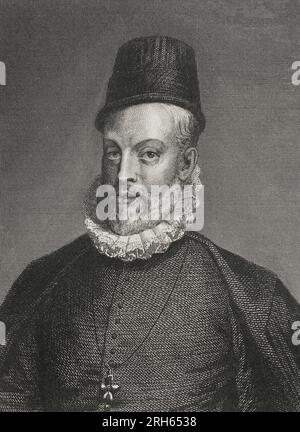 Philipp II. (1527-1598). König von Spanien (1556-1598). Hochformat. Gravur von Geoffroy. "Historia Universal", von Cesar Cantu. Band V. 1856. Stockfoto