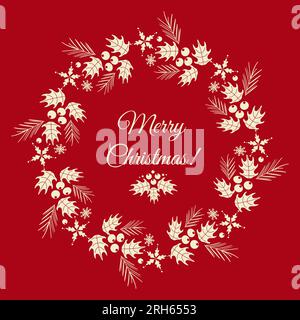 Frohe Weihnachten. Runder Vintage-Rahmen aus Schneeflocken, Holly und Fichte. In Rot und Weiß. Retro-Schriftart. Für Poster, Postkarten, Banner, Design Stock Vektor