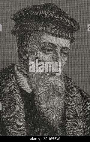 John Calvin (1509-1564). Französischer Theologe und Reformator. Protestantischer Reformator. Hochformat. Detail. Gravur. "Historia Universal", von Cesar Cantu. Band VIII 1858. Stockfoto