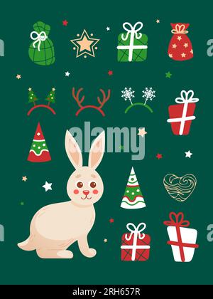Weihnachtsset mit bunten Illustrationen im Cartoon-Stil. Kaninchen Symbol des chinesischen Neujahrs 2023. Geschenke, Sterne, Partyhut, Hirschhörner, Weihnachtsbäume, Sno Stock Vektor