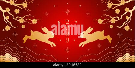 Rabbit, Symbol des chinesischen Neujahrs 2023. Leuchtendes Vektorbanner mit goldenem Muster auf rotem Hintergrund im asiatischen Stil. Sakura-Blumen, abstrakt Stock Vektor