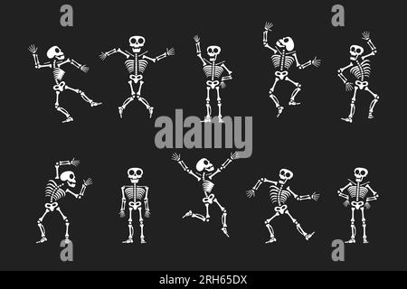 Skeletons dancing with different positions flat style design vector illustration set. Funny dancing Halloween or Day of the dead skeletons collection. Stock Vektor