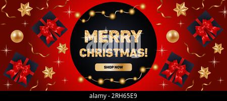 Frohe Weihnachten. Banner Bright Sale, realistischer Stil. Goldene Bälle, Sterne und Bänder, Geschenkboxen mit Seidenschleifen. Glitzernde, glitzernde Schrift, Fee Stock Vektor
