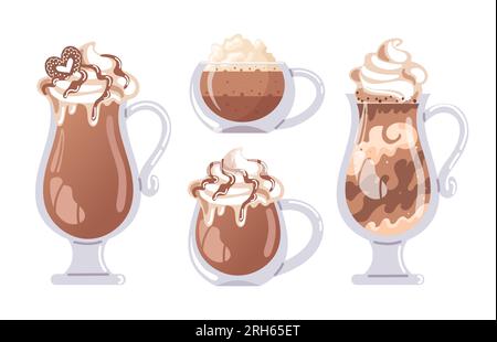 Kaffeetassen-Set. Cappuccino, Latte, Glasse und Mokka. Heiße Schokolade in einem Glas, Schlagsahne. Vektorbild für Speisekarte, Café, Postkarte, Stick Stock Vektor