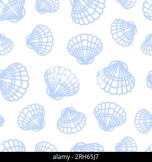 Sommer: Minimalistisches nahtloses Muster mit Muscheln. Jakobsmuscheln, Pectinidae, Muscheln. meeresbewohner. Weiß und Blau. Styling für Strichzeichnungen Stock Vektor