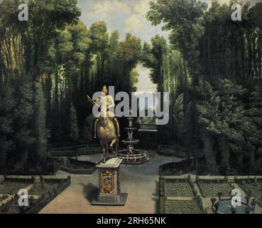 Blick auf die Gärten an der Casa de Campo mit der Statue von Philip III, ca. 1634. Anonym. Geschichtsmuseum, Madrid, Spanien. (Ausgeliehen, mit freundlicher Genehmigung des Prado Museums, Madrid). Stockfoto
