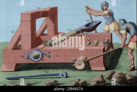 Geschichte von polybius. Band II. Französische Ausgabe aus dem Griechischen übersetzt von Dom Vincent Thuillier. Kommentare der militärischen Wissenschaft angereichert mit kritischen und historische Notizen von M. de Folard. Paris, Chez Pierre Gandouin, Julien-Michel Gandouin, pierre-francois Giffart und Nicolas-Pierre Armand, 1727. Drucken von Jean-Baptiste Lamesle. Vertrag von militärischen Angriffen. Katapultieren. Gravur. Stockfoto