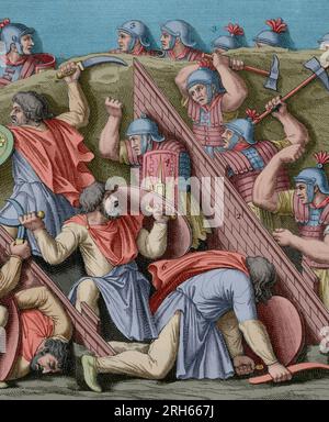 Geschichte von polybius. Band II. Französische Ausgabe aus dem Griechischen übersetzt von Dom Vincent Thuillier. Kommentare der militärischen Wissenschaft angereichert mit kritischen und historische Notizen von M. de Folard. Paris, Chez Pierre Gandouin, Julien-Michel Gandouin, pierre-francois Giffart und Nicolas-Pierre Armand, 1727. Drucken von Jean-Baptiste Lamesle. Die Trajan Dakischen Kriege. 2. Gravur mit Reliefs der Trajan Spalte. Belagerung Szene. Daker Angriff der Römischen Gräben. Später Färbung. Stockfoto