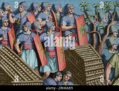 Geschichte von polybius. Band II. Französische Ausgabe aus dem Griechischen übersetzt von Dom Vincent Thuillier. Kommentare der militärischen Wissenschaft angereichert mit kritischen und historische Notizen von M. de Folard. Paris, Chez Pierre Gandouin, Julien-Michel Gandouin, pierre-francois Giffart und Nicolas-Pierre Armand, 1727. Drucken von Jean-Baptiste Lamesle. Die Trajan Dakischen Kriege. 2. Gravur mit Reliefs aus dem Trajan Spalte. Szene der römischen Armee. Später Färbung. Stockfoto