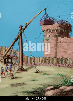 Geschichte von polybius. Band I Französische Ausgabe aus dem Griechischen von Dom Vincent Thuillier übersetzt. Kommentare der militärischen Wissenschaft angereichert mit kritischen und historische Notizen von M. de Folard. Paris, Chez Pierre Gandouin, Julien-Michel Gandouin, pierre-francois Giffart und Nicolas-Pierre Armand, 1727. Drucken von Jean-Baptiste Lamesle. "Traite de La Colonne' (Vertrag von der Spalte). Wie Form und in Kämpfen. Militärische marchinery in der alten Welt. 'Tellennon'. Diese Maschine wurde für Heben und werfen die Männer auf die Türme und Mauern der belagert Stellen verwendet. Gravur. Später Färbung. Stockfoto