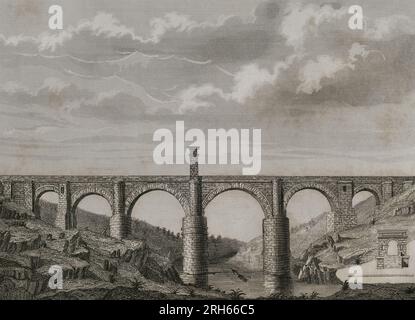 Spanien, Extremadura. Alcantara-Brücke. Römische Brücke. Es wurde zwischen 104-106 v. Chr. über dem Thagus auf Befehl des Kaisers Trajan erbaut. Gravur. Las Glorias Nacionales. Band I, Madrid-Barcelona Ausgabe, 1852. Stockfoto