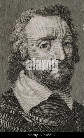 Alonso Perez de Guzman, Guzman el Bueno (Guzman der gute) (1256-1309). Leonese Militär und Edelmann, Gründer des Hauses Medina Sidonia. Erster lord von Sanlucar de Barrameda. Porträt. Gravur von Antonio Roca. Las Glorias Nacionales. Band III, Madrid-Barcelona Ausgabe, 1853. Stockfoto