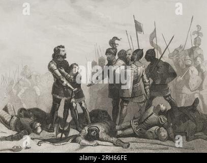 Hundertjähriger Krieg. Schlacht von Aljubarrota (14. August 1385). Konfrontation zwischen portugiesischen und britischen Truppen unter dem Kommando von Johannes I. von Portugal (John of Aviz) und seinem Constable Nuno Alvares Pereira, der die kastilische Armee von Johannes I. von Kastilien besiegte. Gravur von Antonio Roca. Las Glorias Nacionales, 1853. Stockfoto