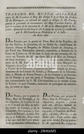 Vertrag von Lissabon“ (1701). Vertrag über das gegenseitige Bündnis zwischen Philip V von Spanien und Pedro II von Portugal, aufgrund dessen der portugiesische Monarch verpflichtet war, den Willen von König Karl II. Für die Nachfolge des spanischen Throns zu garantieren. König Pedro II. Garantierte Unterstützung für Philip V. und nicht für den Heuchler Karl von Österreich. Unterzeichnet in Lissabon am 18. Juni 1701 und ratifiziert in Madrid am 1. Juli dieses Jahres. Sammlung der Verträge über Frieden, Allianz und Handel, angepasst durch die Krone Spaniens mit den ausländischen Mächten (Coleccion de los Tratados de Paz, Alianza, Comercio ajustados por l Stockfoto