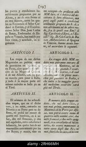 Vertrag über die gegenseitige Allianz zwischen König Philip V. von Spanien und Ferdinand Karl III. Von Gonzaga, Herzog von Mantua, der den Herzog zwang, Truppen aus Spanien und Frankreich aufzunehmen. Am 24. Februar 1701 in Venedig geschlossen und am 19. März in Buen-Retiro ratifiziert. Artikel I und II Sammlung der Verträge über Frieden, Allianz und Handel, angepasst durch die Krone Spaniens mit den ausländischen Mächten (Coleccion de los Tratados de Paz, Alianza, Comercio ajustados por la Corona de Espana con las Potencias Extranjeras). Band I. Madrid, 1796. Historische Militärbibliothek von Barcelona, Katalonien, Stockfoto