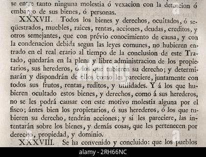 Vertrag über Handel und Freundschaft zwischen den Kronen Spaniens und Englands auf dem Kongress von Utrecht am 9. Dezember 1713. Ratifiziert von König Philip V von Spanien am 21. Januar 1714 in Madrid. Auf Waren und Rechte. Sammlung der Verträge über Frieden, Allianz und Handel, angepasst durch die Krone Spaniens mit den ausländischen Mächten (Coleccion de los Tratados de Paz, Alianza, Comercio ajustados por la Corona de Espana con las Potencias Extranjeras). Band I. Madrid, 1796. Historische Militärbibliothek von Barcelona, Katalonien, Spanien. Stockfoto