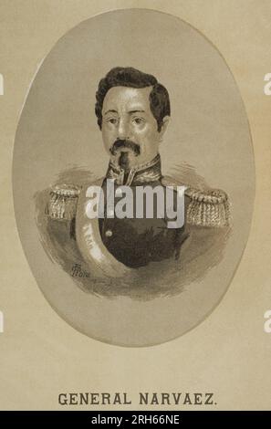 Ramon Maria Narvaez (1799-1868). 1. Herzog von Valencia. Spanischer General und Politiker. Führer der gemäßigten Partei unter Isabella II Premierminister von Spanien bei sieben Gelegenheiten zwischen 1844 und 1868. Hochformat. "Historia de la Revolucion Espanola (desde la Guerra de la Independencia a la Restauracion en Sagunto), por Vicente Blasco Ibanez. Band II Veröffentlicht in Barcelona, 1891. Stockfoto