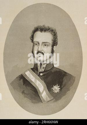 Luis Fernandez de Cordoba y Valcarcel (1798-1840). Spanischer Generalleutnant. Unter Ferdinands VII. Erhob er sich während des liberalen Dreijahreszeitraums gegen die Regierung und war einer der Förderer des gescheiterten Aufstands der königlichen Garde in Madrid am 7. Juli 1822, der ihn zum Exil in Frankreich zwang. Hochformat. "Historia de la Revolucion Espanola" (desde la Guerra de la Independencia a la Restauracion en Sagunto) von Vicente Blasco Ibanez. Band II Veröffentlicht in Barcelona, 1891. Stockfoto