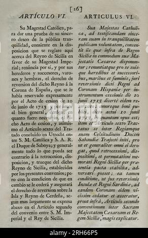 Vierfache Allianz. Gegründet am 2. August 1718 in London durch das Heilige Römische Reich, die Vereinigten Provinzen der Niederlande, Frankreichs und Großbritanniens, mit dem Ziel, eine Koalition als Reaktion auf den spanischen Krieg zu bilden, der sich weigerte, den Vertrag von Utrecht von 1713 in Bezug auf die ehemaligen spanischen Territorien in Italien und den Niederlanden einzuhalten. Mit der Unterzeichnung des „Haager Vertrags“ (17. Februar 1720) trat Spanien dem Vertrag der Vierfachen Allianz bei, der eine Aufteilung der umstrittenen Gebiete umstrukturierte. Dieser Vertrag wurde am 20. Mai von König Philip V von Spanien in Aranjuez ratifiziert Stockfoto