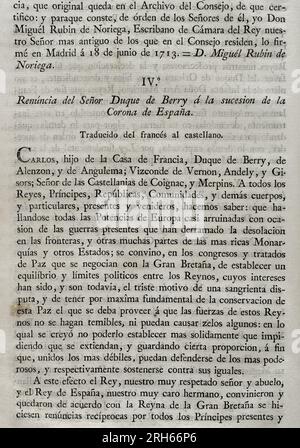 Königlicher Erlass, der per Gesetz den Rücktritt von H. M. Catholic (Philip V von Spanien) an die Nachfolge der Krone Frankreichs und der Fürsten an den Spanier festlegt, wobei das Haus Österreichs davon ausgenommen ist; und das Haus Savoyen als Versäumnis der Nachkommen von König Philip V. zu erklären und anzurufen, Rücktritt des Herzog von Beeren an die Nachfolge der spanischen Krone. Sammlung der Verträge über Frieden, Allianz und Handel, angepasst durch die Krone Spaniens mit den ausländischen Mächten (Coleccion de los Tratados de Paz, Alianza, Comercio ajustados por la Corona de Espana con las Potencias Extranj Stockfoto