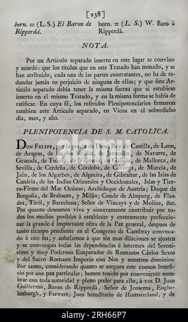 Friedensvertrag zwischen dem König von Spanien Philip V. und dem Heiligen römischen Kaiser Karl VI Geschlossen in Wien am 7. Juni 1725; ratifiziert von Philip V in San Ildefonso am 24. Juli dieses Jahres. Bevollmächtigter von Philip V. Sammlung der Verträge über Frieden, Allianz und Handel, angepasst von der Krone Spaniens mit den ausländischen Mächten (Coleccion de los Tratados de Paz, Alianza, Comercio ajustados por la Corona de Espana con las Potencias Extranjeras). Band II Madrid, 1800. Historische Militärbibliothek von Barcelona, Katalonien, Spanien. Stockfoto