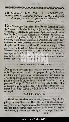 Vertrag über Frieden und Freundschaft zwischen Spanien und Algier (1786). Vertrag zwischen dem König von Spanien, Karl III. Und dem Ei und der Regency von Algier. Unterzeichnet in Algier am 14. Juni 1786 von Dey Muhammad Othman Pasha und dem Grafen von Expilly. Am 27. August 1786 in Madrid von König Karl III. Ratifiziert. Sammlung der Verträge über Frieden, Allianz und Handel, angepasst durch die Krone Spaniens mit den ausländischen Mächten (Coleccion de los Tratados de Paz, Alianza, Comercio ajustados por la Corona de Espana con las Potencias Extranjeras). Band III Madrid, 1801. Historische Militärbibliothek von Barcelona, Katalonien, S. Stockfoto