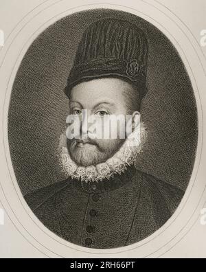 Philip II (1527-1598). König von Spanien (1556-1598). Sohn von Kaiser Karl V. und Isabella von Portugal. Porträt. Gravur von Masson. Lithographien von Magin Pujadas. Historia General de Espana, von Modesto Lafuente. Band III Veröffentlicht in Barcelona 1879. Stockfoto