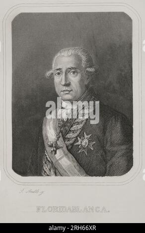 Jose Monino y Redondo, 1. Graf von Floridablanca (1728-1808). Spanischer Staatsmann. Staatssekretär (1777-1792). Hochformat. Gravur von J. Amills. "Historia Universal", von Cesar Cantu. Volumen VI 1857. Stockfoto