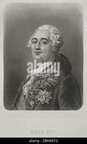 Ludwig XVI. (1754-1793). König von Frankreich (1774-1792). Er heiratete Marie Antoinette und lehnte den dritten Nachlass ab, um den revolutionären Prozess zu stoppen. Hochformat. Gravur von Geoffroy. "Historia Universal", von Cesar Cantu. Volumen VI 1857. Stockfoto