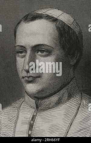 Pius IX (1792-1878). Italienischer Papst (1846–1878), geb. Giovanni Maria Mastai Ferretti. Hochformat. Gravur von Geoffroy. Detail. "Historia Universal", von Cesar Cantu. Volumen VI 1857. Stockfoto