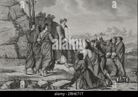 Altes Testament. Exodus. Moses beim Abstieg vom Berg Sinai mit den Tabletten des Gesetzes. Gravur. „Los Heroes y las Grandezas de la Tierra“. Band I. 1854. Stockfoto